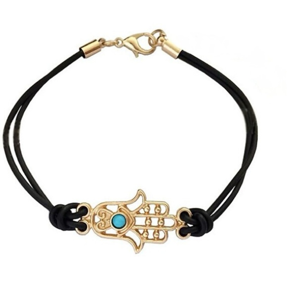Hamsa Turquoise Stone Openwork Cutout Matte Black Lobster Clasp Bracelet Hippie